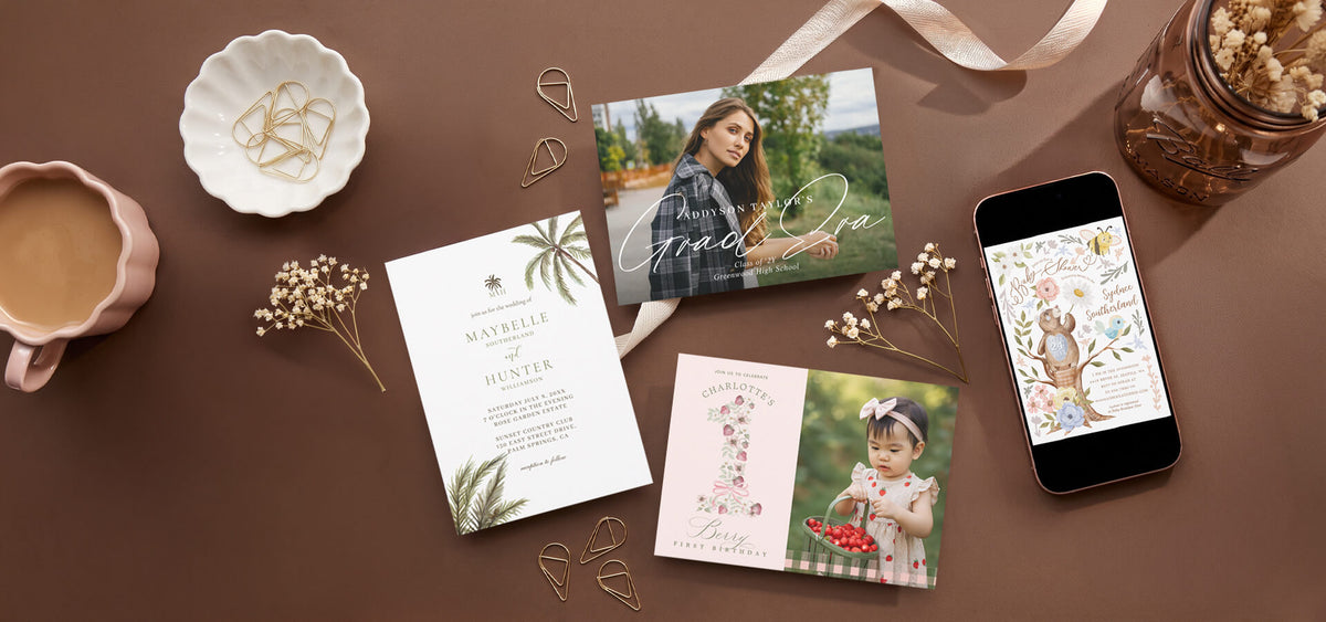 A collection of editable digital download templates customizable on Corjl, including a printed wedding invitation, baby's first birthday card, a graduation announcement, and a baby shower invitation displayed on a smartphone screen.