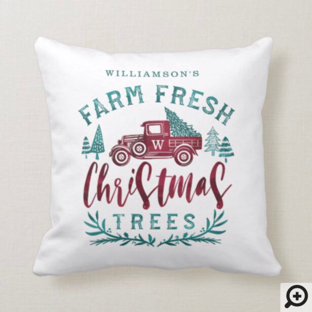 Farm Fresh Old Red Truck Christmas Tree Delivery Throw Pillow