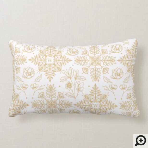 Elegant Modern Vintage Winter Foliage Snowflake Lumbar Pillow