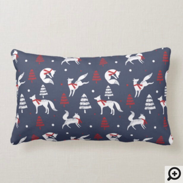 White Winter Forrest Foxes Christmas Tree Pattern Lumbar Pillow