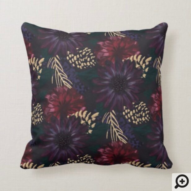 Moody Florals, Gold Pinecone & Spruce Christmas Throw Pillow
