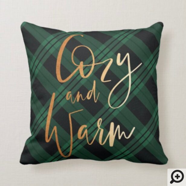 Cozy & Warm | Green Buffalo Plaid Deer Monogram Throw Pillow