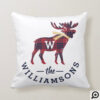 Red & Navy Buffalo Plaid Moose Monogram Christmas Throw Pillow