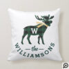 Deep Green Buffalo Plaid Moose Monogram Christmas Throw Pillow
