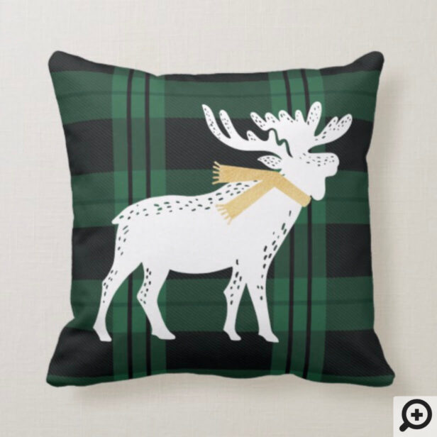 Festive Moose White, gold & Green plaid Christmas Throw Pillow