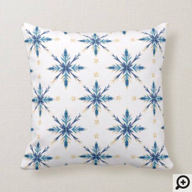 Wintry Frosty Blue Snowflakes Gold Star Christmas Throw Pillow