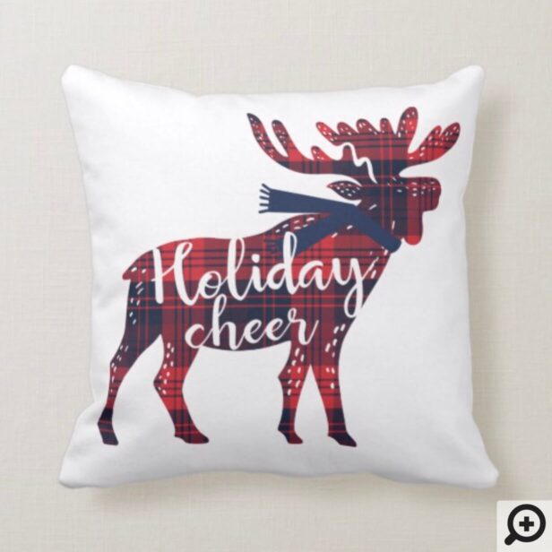 Holiday Cheer | Plaid Moose Typographic Christmas Throw Pillow