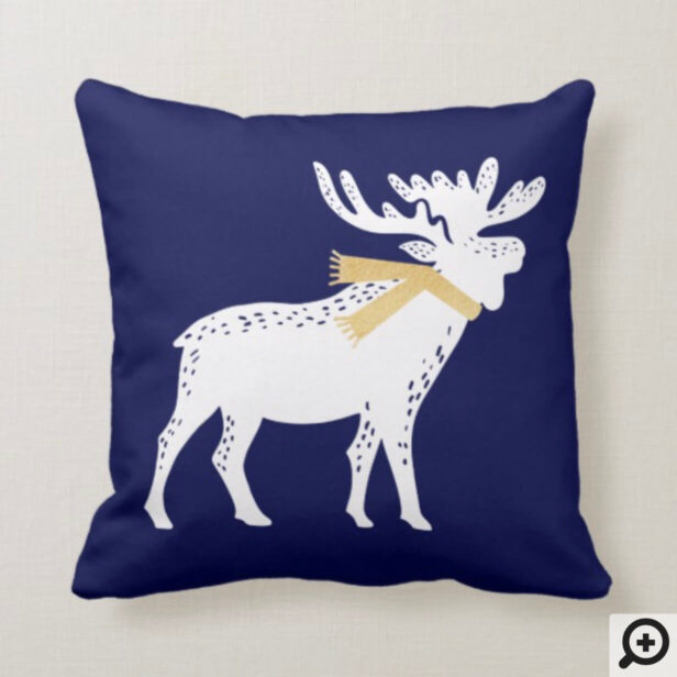 Festive Moose White, gold & Blue Christmas Throw Pillow