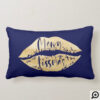 Merry kissmas Stylish Brush Script Gold Lips Navy Lumbar Pillow