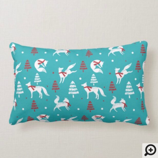 Red White Foxes, Trees, and Snow Christmas Pattern Lumbar Pillow