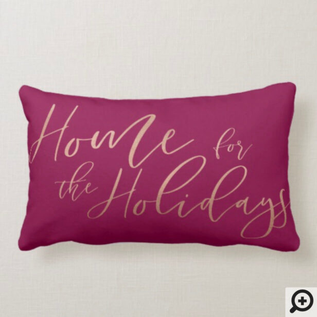 Home For The Holidays Elegant Gold Script & Pink Lumbar Pillow