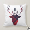 Red & Navy Plaid Reindeer Head Monogram Christmas Throw Pillow