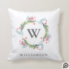 Festive Holly Watercolor Foliage Wreath & Monogram Throw Pillow
