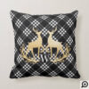 Black & White Plaid Gold Reindeer Wreath Monogram Throw Pillow