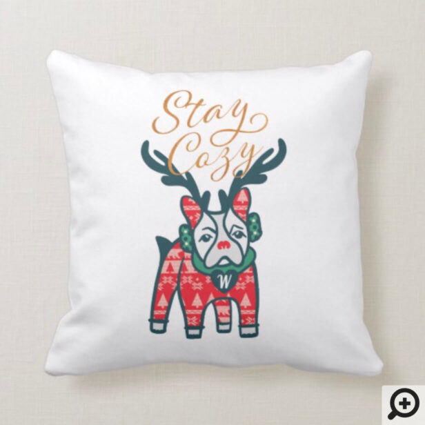 Celebrate the magical and festive holiday season with our custom Christmas decor pillow. Fun, illustrative french bulldog design wearing red Christmas sweater, ear muffs and reindeer antlers. "Stay Cozy" is written in a script style font in faux gold. Personalized with your monogram initial. The reverse side features a white and green Christmas sweater pattern. All artwork contained in this fun, colourful french bulldog Christmas decor pillow are hand-drawn original artwork by Moodthology. You can customize the text size, font and layout for your own personal design preference.