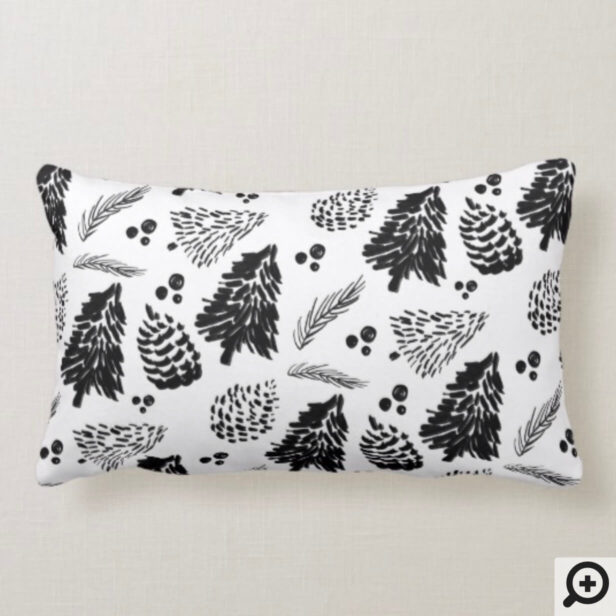 Black Pine Tree Forest Pinecone Pattern Chrismtas Lumbar Pillow