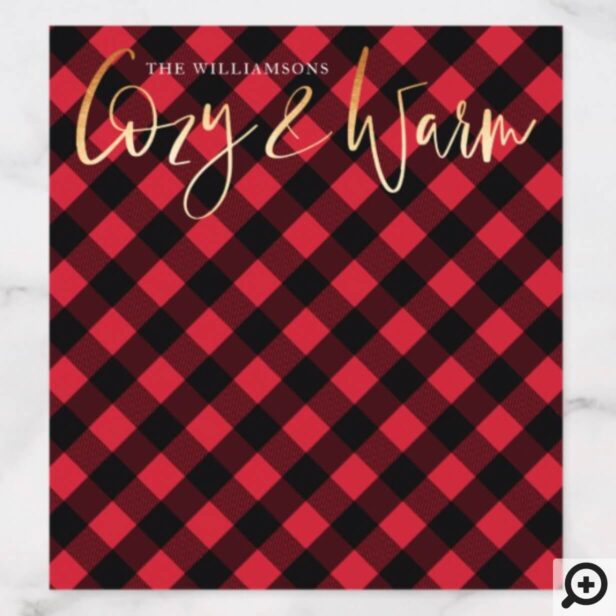 Cozy & Warm Script | Red Buffalo Plaid Christmas Envelope Liner