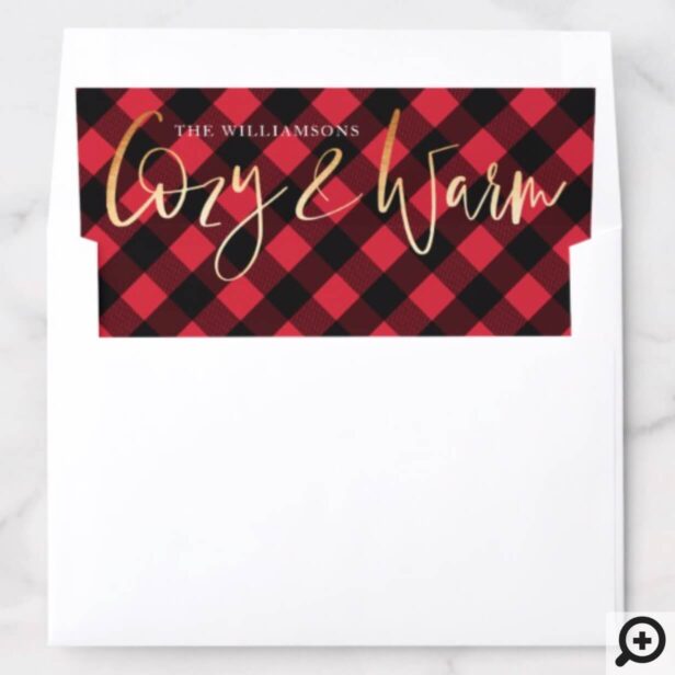 Cozy & Warm Script | Red Buffalo Plaid Christmas Envelope Liner