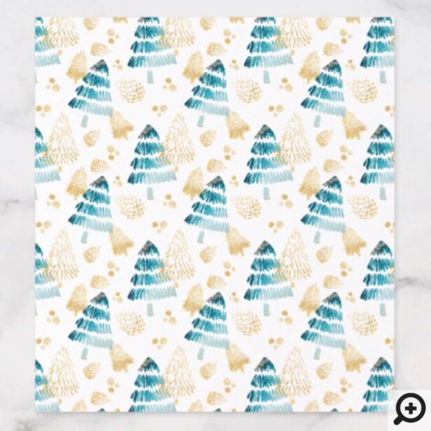 Gold & Blue Winter Forest Trees & Pinecone Pattern Envelope Liner