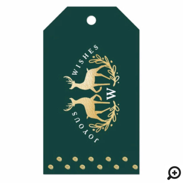 Joyous Wishes | Gold & Green Reindeer Monogram Gift Tags