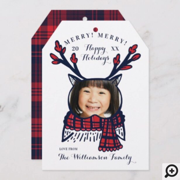Fun, Festive Red Plaid Winter Owl Character Photo Holiday Card