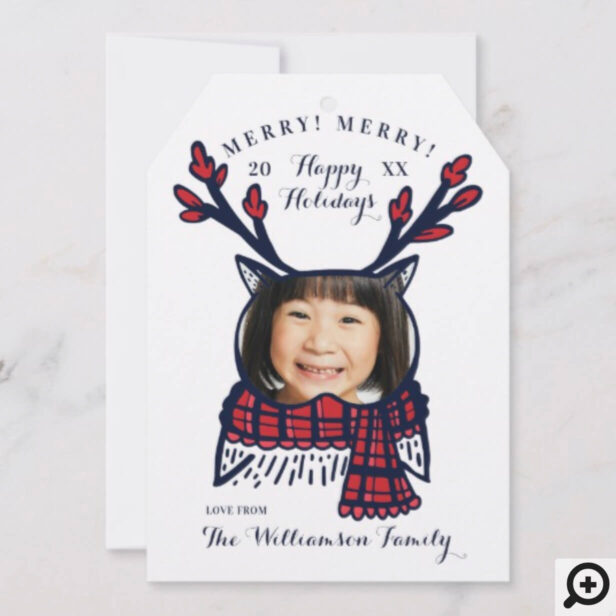 Fun, Festive Red Plaid Winter Owl Character Photo Holiday Card