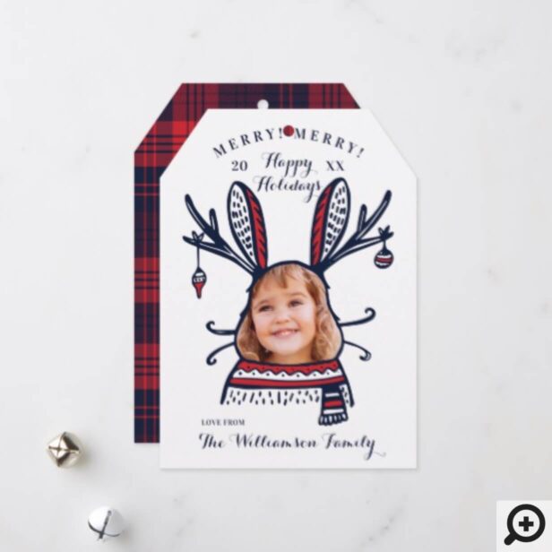 Fun Festive Red Plaid Winter Bunny Character Photo Holiday Card
