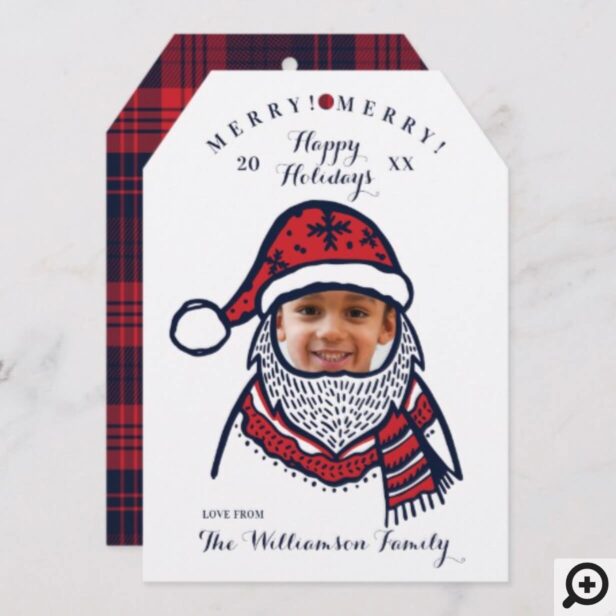 Fun, Festive Red Plaid Santa Claus Character Photo Holiday Card