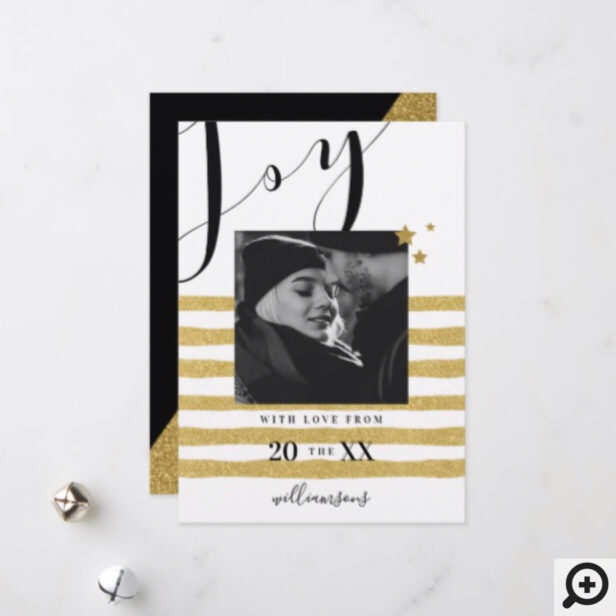 Modern, Elegant & Trendy Black & Gold Stripe Photo Holiday Card