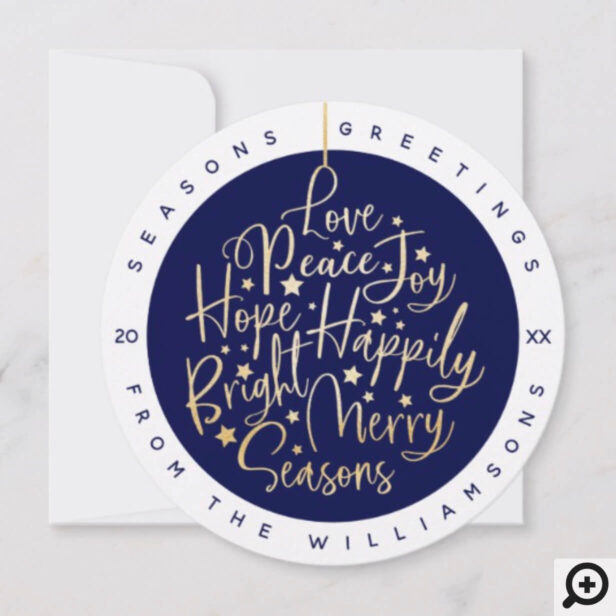 Elegant Navy Greetings Typography Ornament Photo Holiday Card