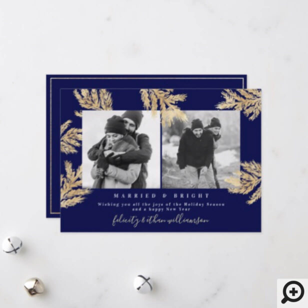 Elegant Navy & Gold Holiday Pine Needles Photo Christmas Card