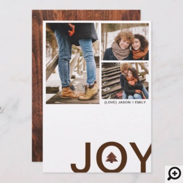 Modern Minimalistic Woodgrain Joy Newlyweds Photo Holiday Card