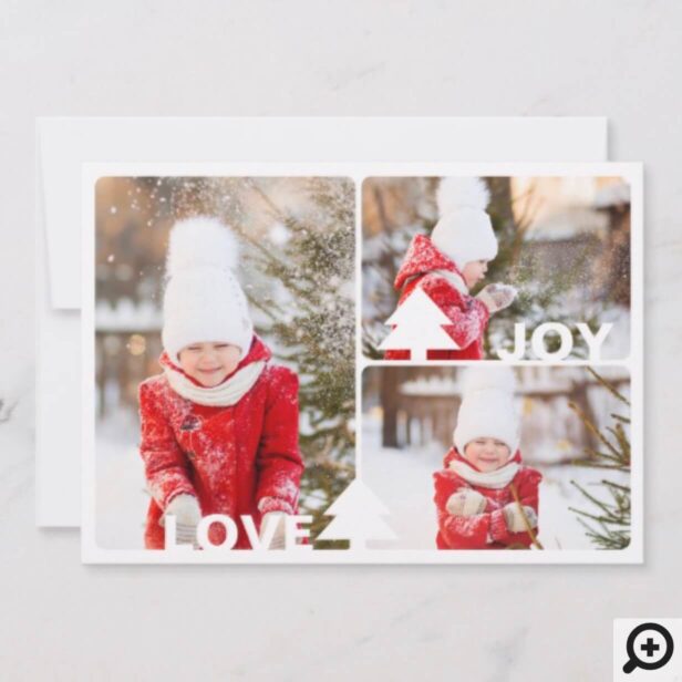Modern Love & Joy Christmas Pine Tree Three Photo Holiday Card
