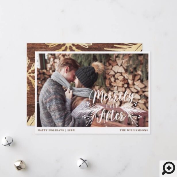 Merrily Ever After Wood & Gold Newlyweds Photo Holiday Card