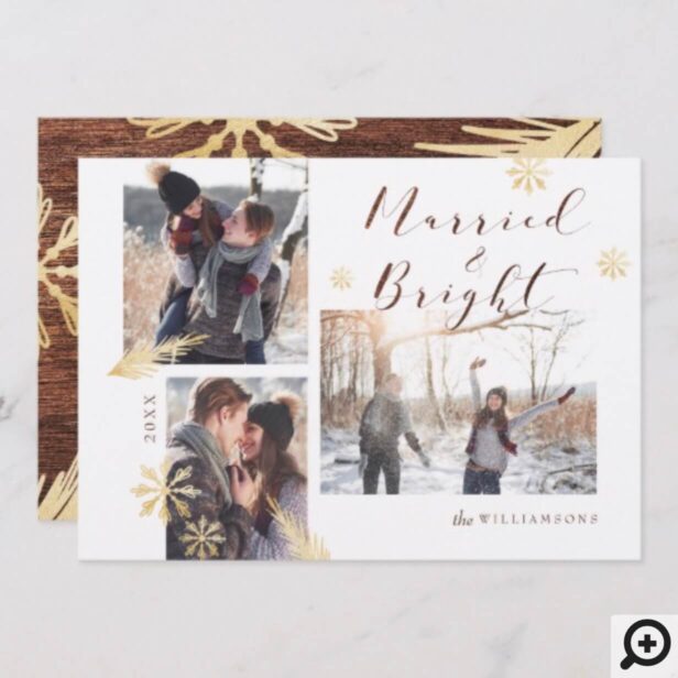 Married & Bright Rustic Wood Gold Snowflake Photo Holiday Card