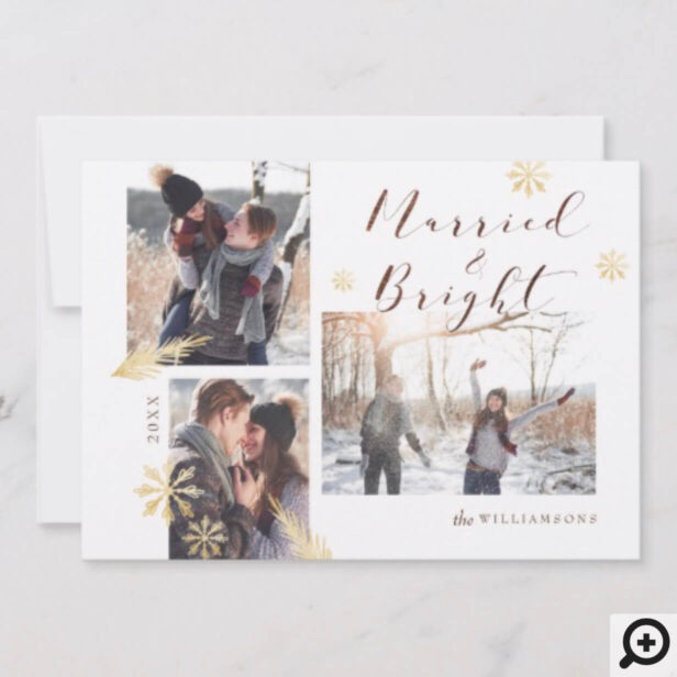 Married & Bright Rustic Wood Gold Snowflake Photo Holiday Card