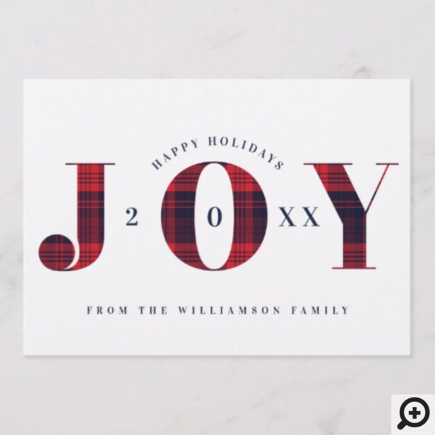 Joy Red & Navy Plaid Vintage Holiday Photo Card