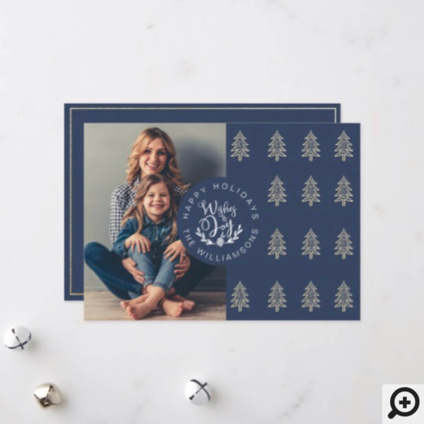 Elegant Gold & Blue Pine Tree | Holiday Photo Card