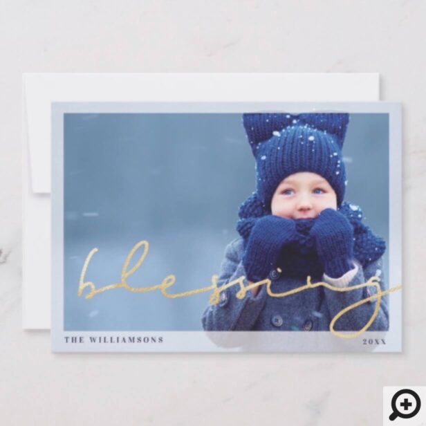 Blessing | Cozy Warm Blue Sweater Christmas Photo Holiday Card