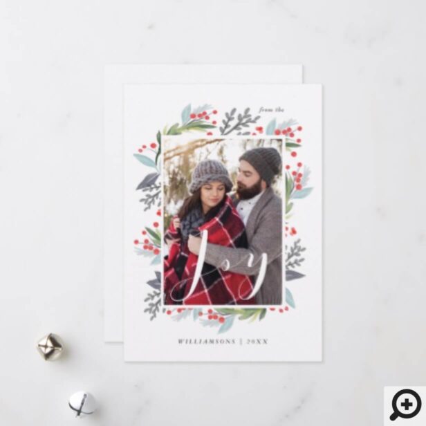 Festive Holly Watercolor Joy Foliage Family Photo Holiday Card