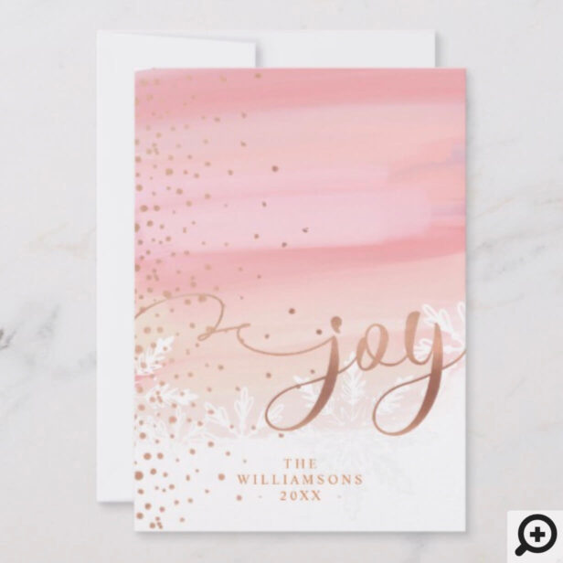 Joy | Blush Watercolor Ombre Wash Snowflakes Photo Holiday Card