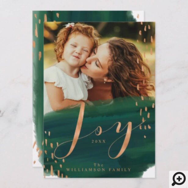 Joy | Forest Green Watercolor Wash Family Photo Holiday Card