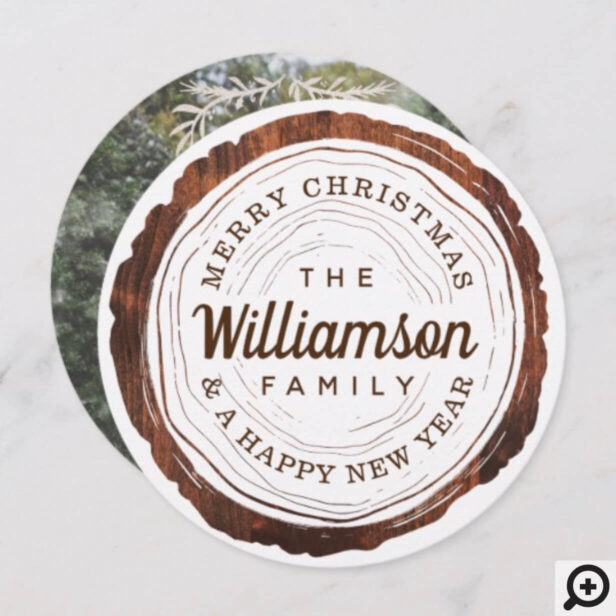 Merry Christmas Rustic Woodgrain Tree Slice Holiday Card
