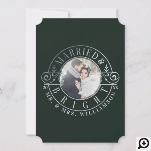 Married & Bright Mr & Mrs Foliage & Crest Photo Holiday Card