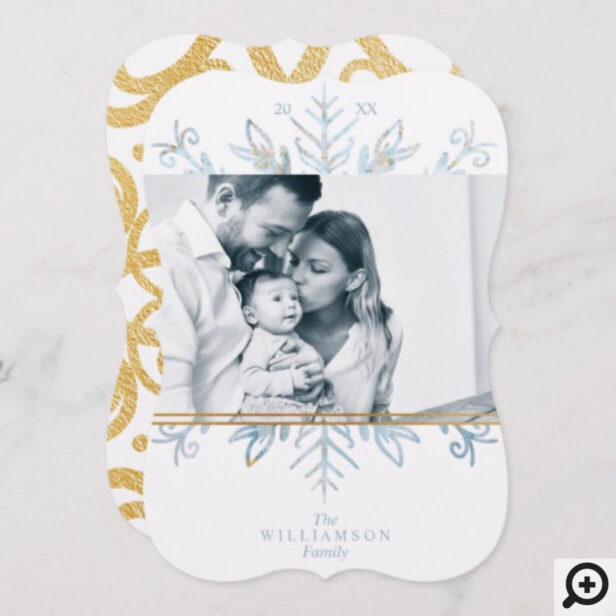 Elegant Ornate Blue & Gold Frosted Snowflake Photo Holiday Card