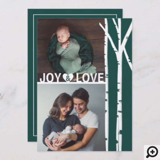 Emerald Green Birch Tree Love & Joy Multiple Photo Holiday Card