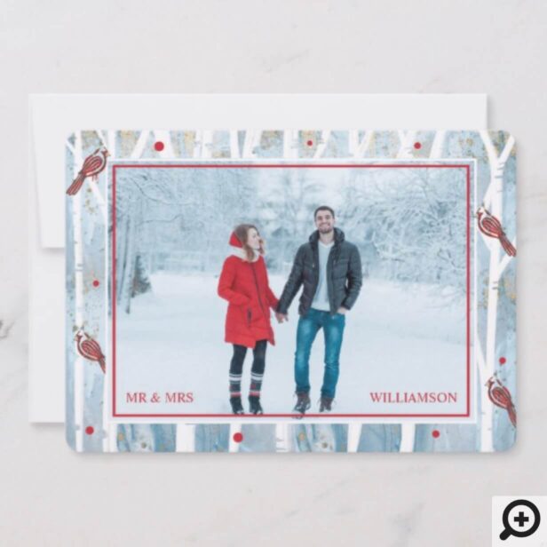Winter Forest Birch Trees & Red Cardinal Photo Holiday Card