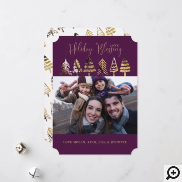 Holiday Blessing | Purple Gold & Black Trees Photo Christmas Cards