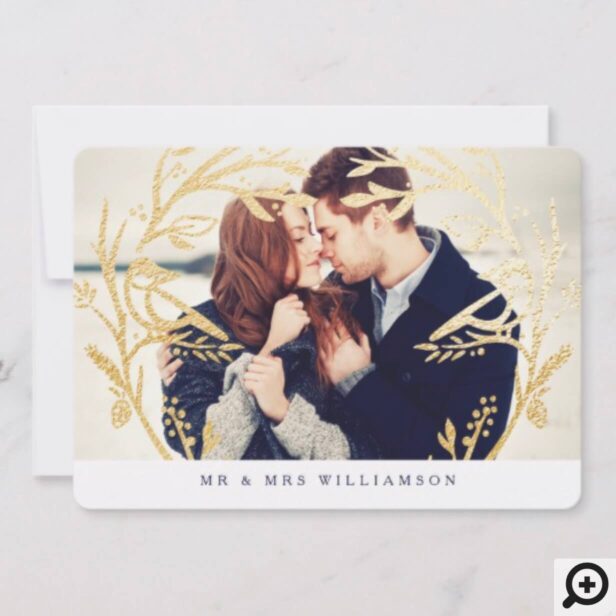 Regal Gold Bird & Branch Monogram Newlyweds Photo Holiday Card