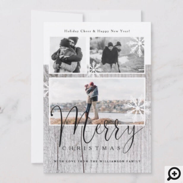 Merry | Rustic Grey Wood & Snowflakes Photos Holiday Card